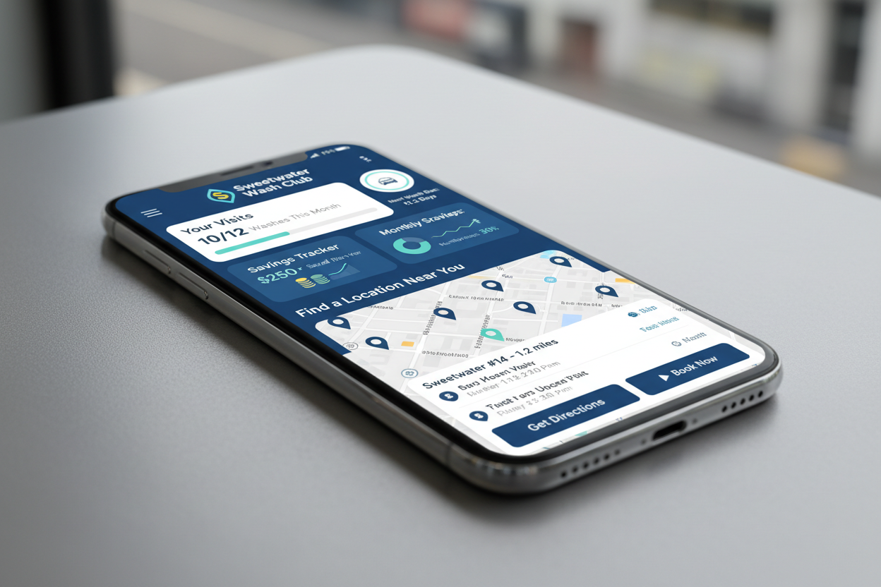 Smartphone app dashboard showing Sweetwater Wash Club visits and savings tracker