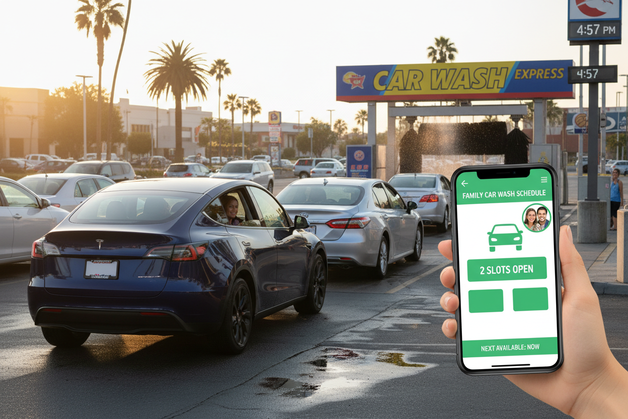 Two cars queued at car wash with family app showing 2 slots open