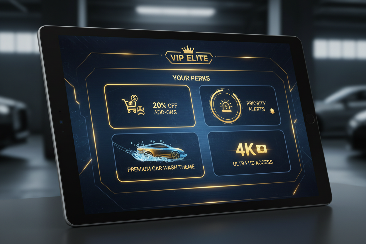 VIP membership dashboard with perks, 20% off add-ons, and priority alerts badge
