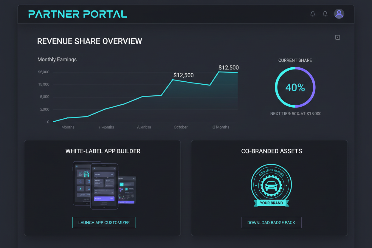 Partner portal with revenue share dashboard, white-label app builder, and Sweetwater co-badge