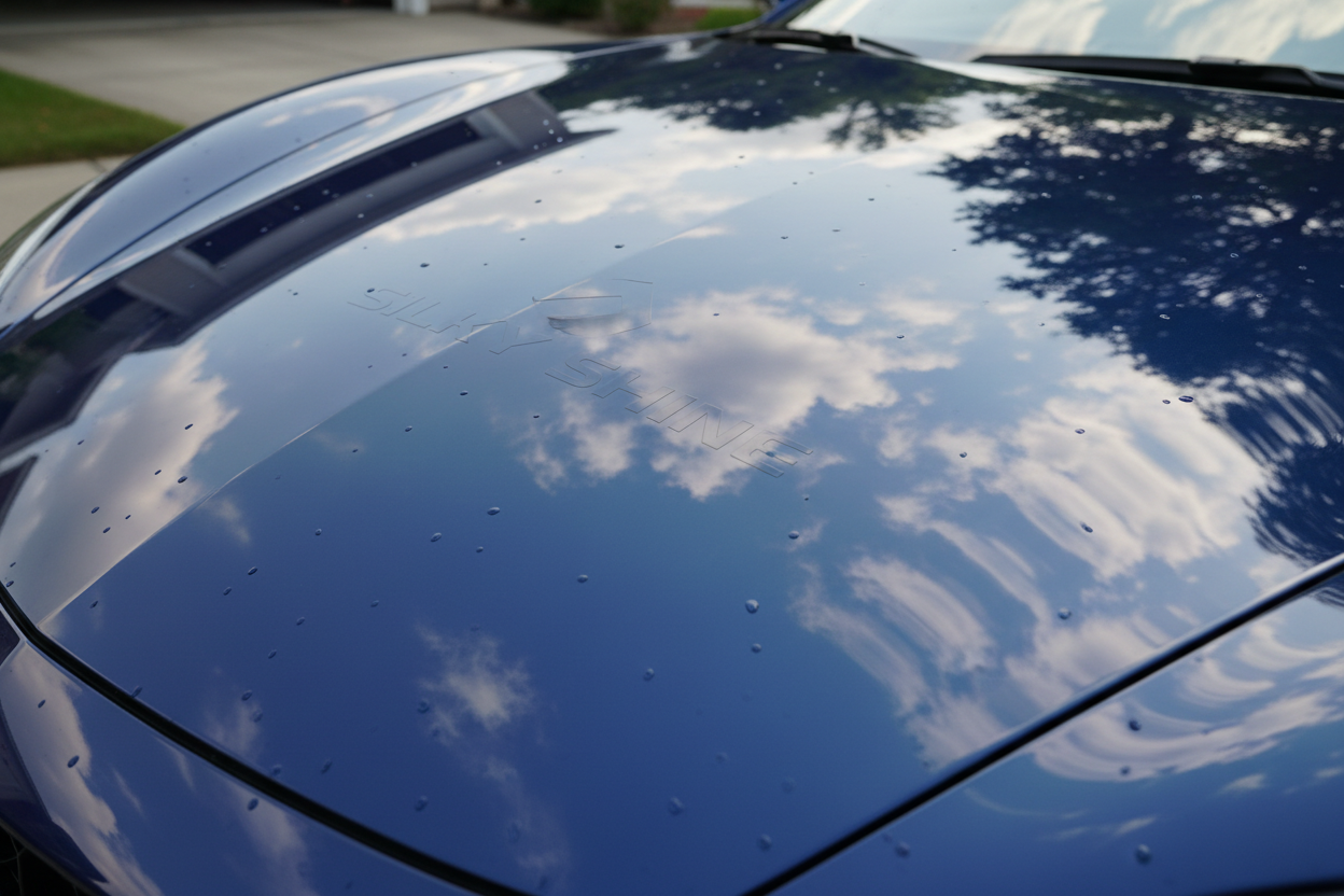 Mirror-like glossy car paint reflecting clouds after DIY Silky Shine application