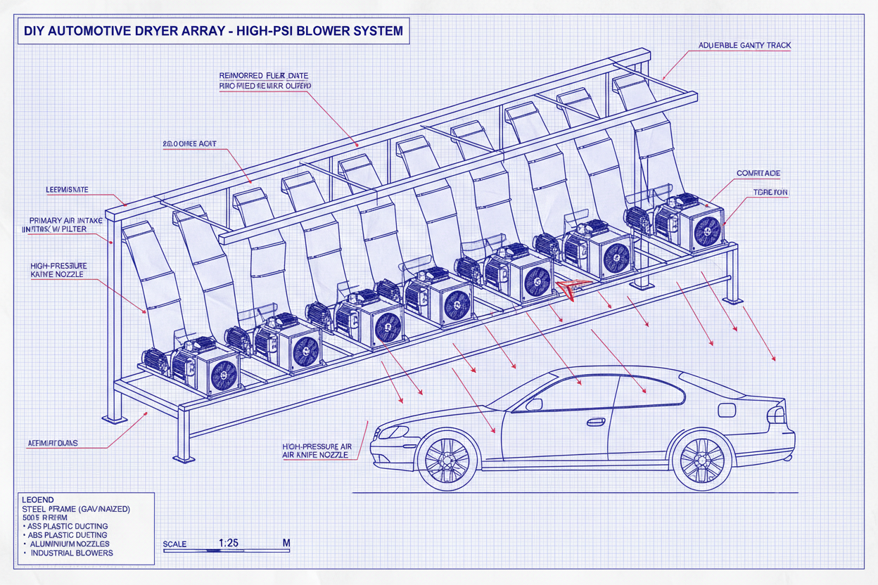 CAD blueprint of DIY high-PSI blower array mimicking Sweetwater tunnel dryers