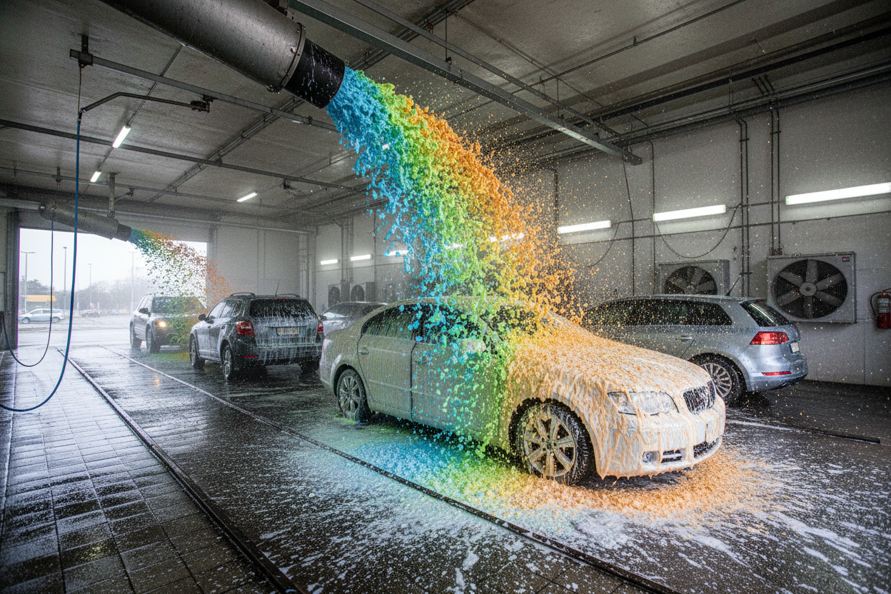 Industrial foam cannon blasting thick multicolored Wall of Foam over a line of cars