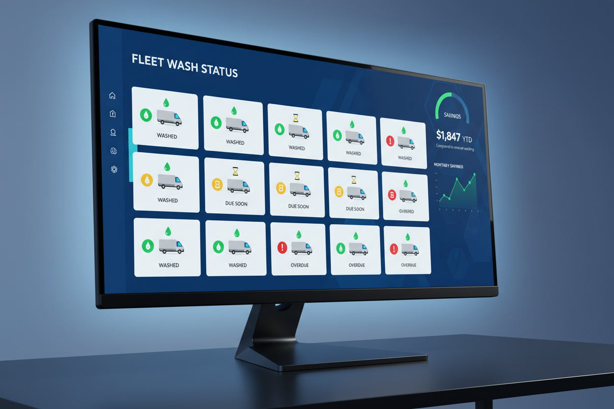 Fleet dashboard showing 12 vans with wash status and $1,847 YTD savings