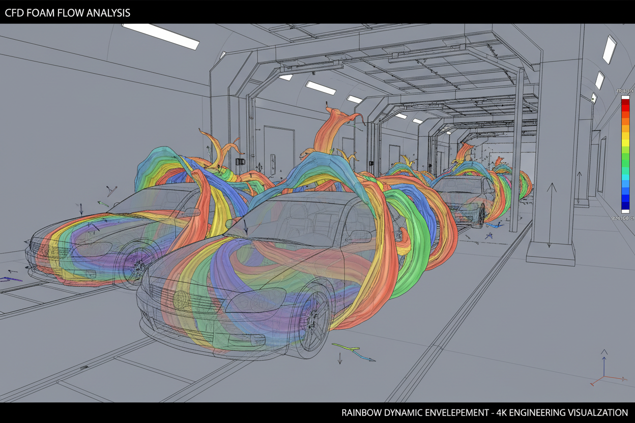 CFD simulation of foam flow in car wash tunnel with rainbow colors enveloping cars dynamically