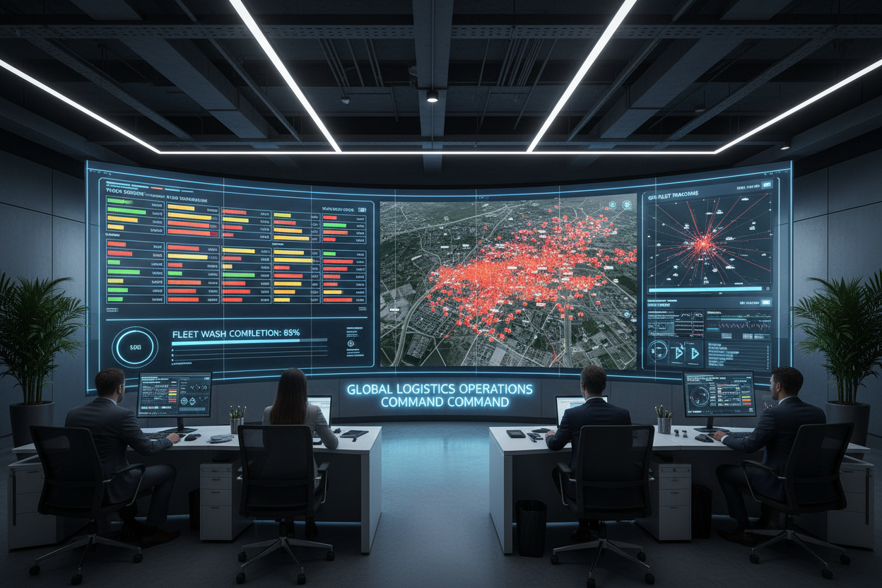 Corporate command center screens showing 50-van fleet wash status and GPS heatmaps