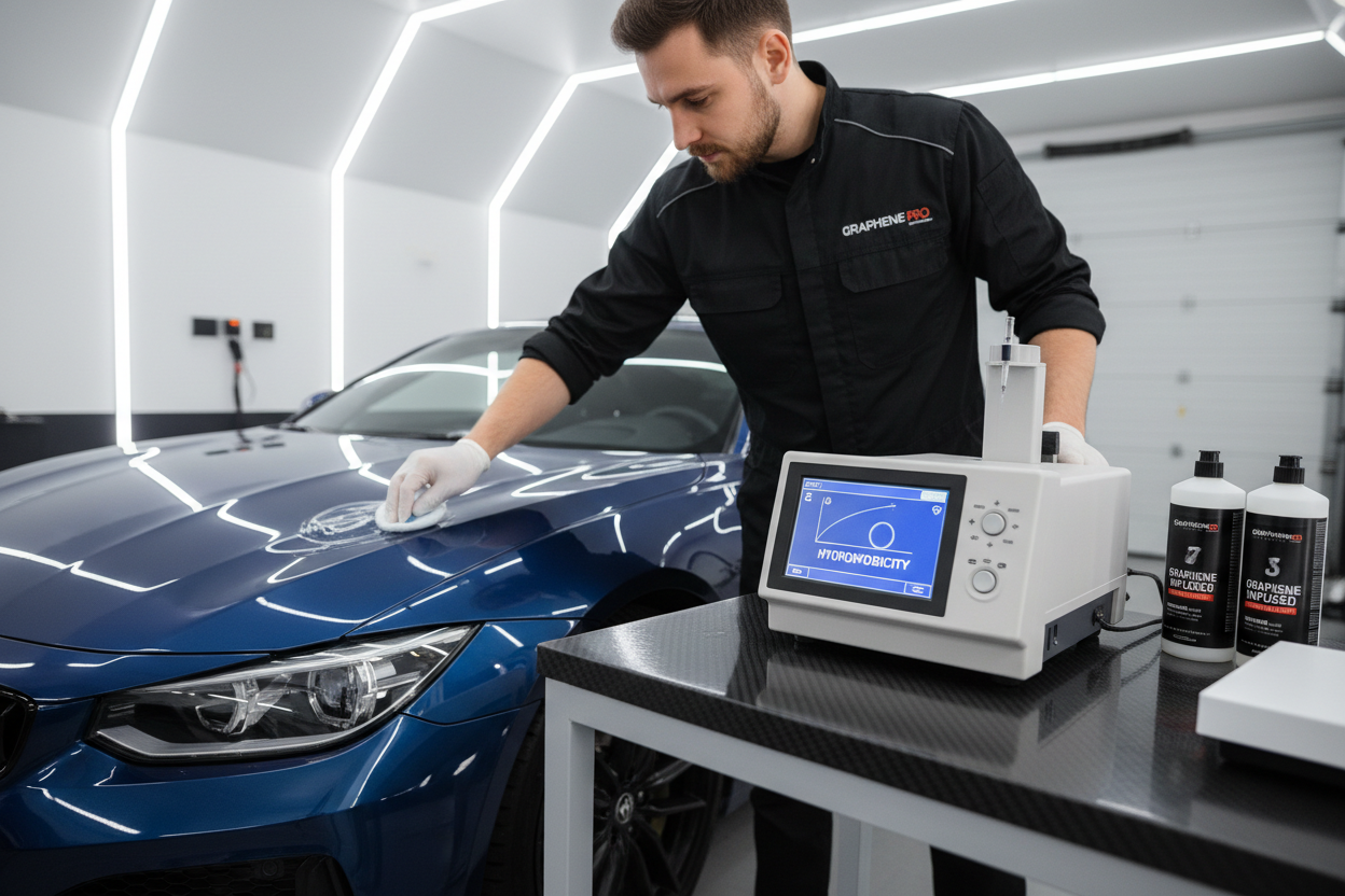 Professional detailer applying Graphene layer with contact angle tester showing 110 degree hydrophobicity