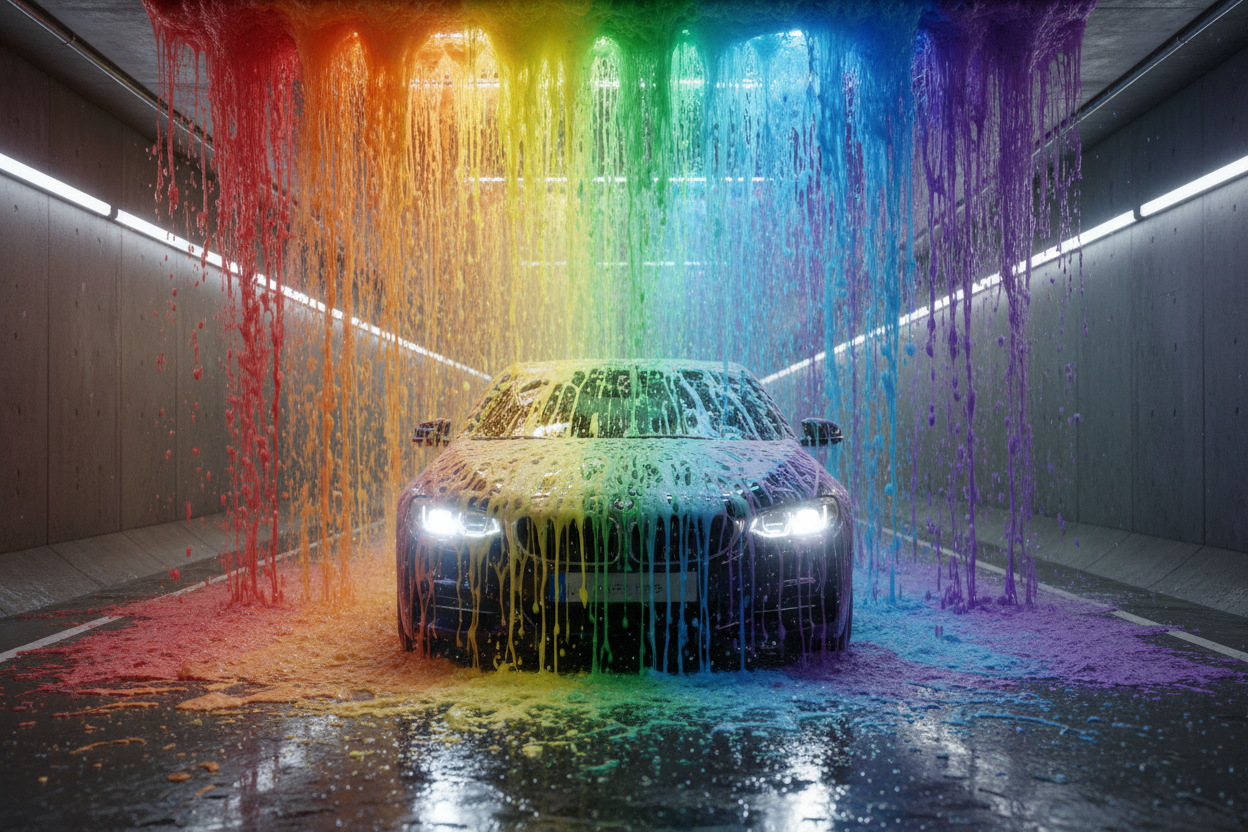 Thick rainbow Wall of Foam cascading over car roof in tunnel