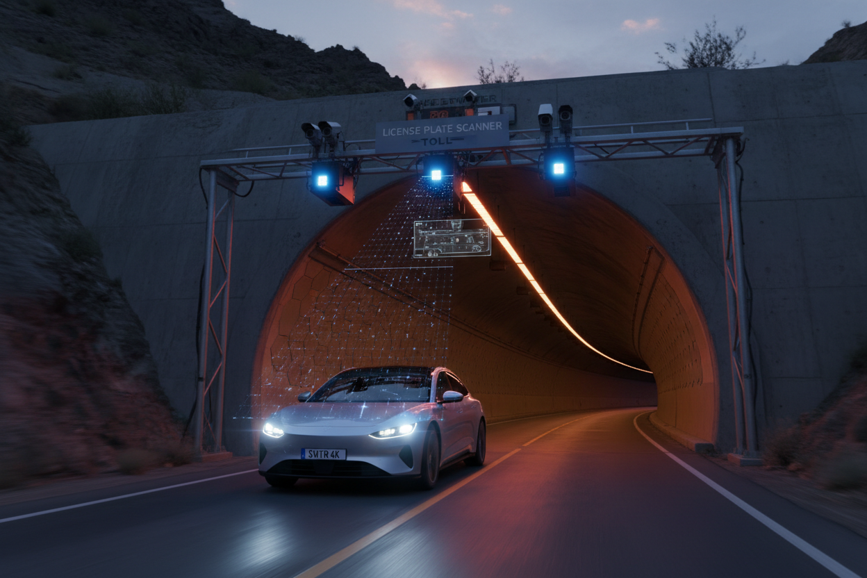 Car entering Sweetwater tunnel with license plate reader scanning