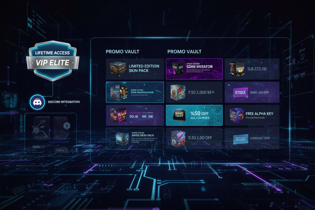 Exclusive VIP portal with lifetime access badge, Discord integration, and promo vault