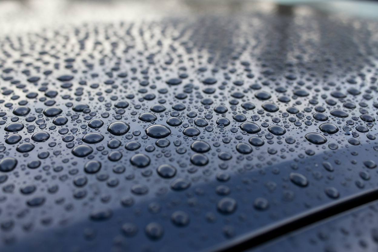 Hydrophobic water beading on ceramic-coated car hood
