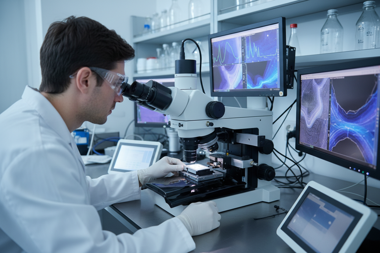 Lab technician using digital microscope analyzing Graphene nano-layer thickness on car paint