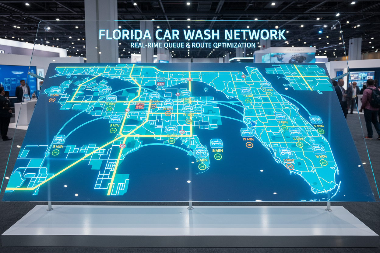 Interactive Florida map with Sweetwater locations, optimal route lines, and queue predictions