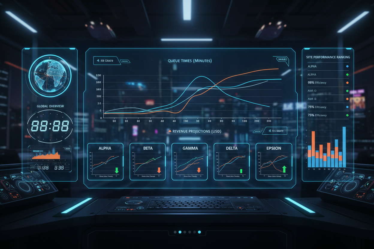 AI dashboard forecasting queue times and revenue projections for 5 car wash sites