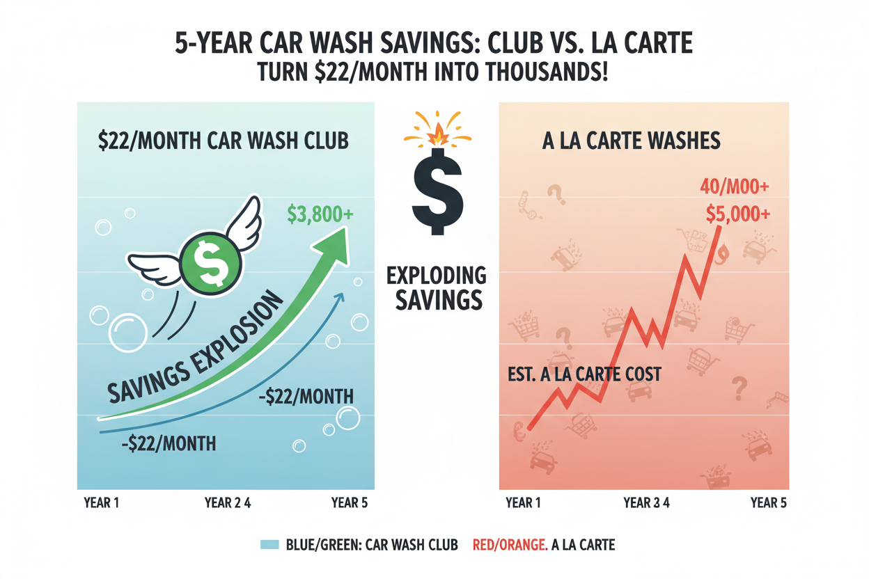 5-year ROI chart showing exploding savings from wash club vs a la carte washes