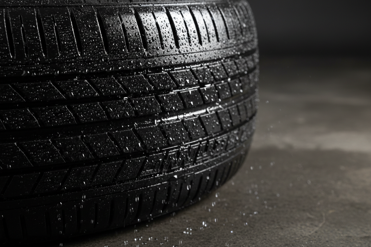 Deep black tire sidewalls with no sling, water beading off