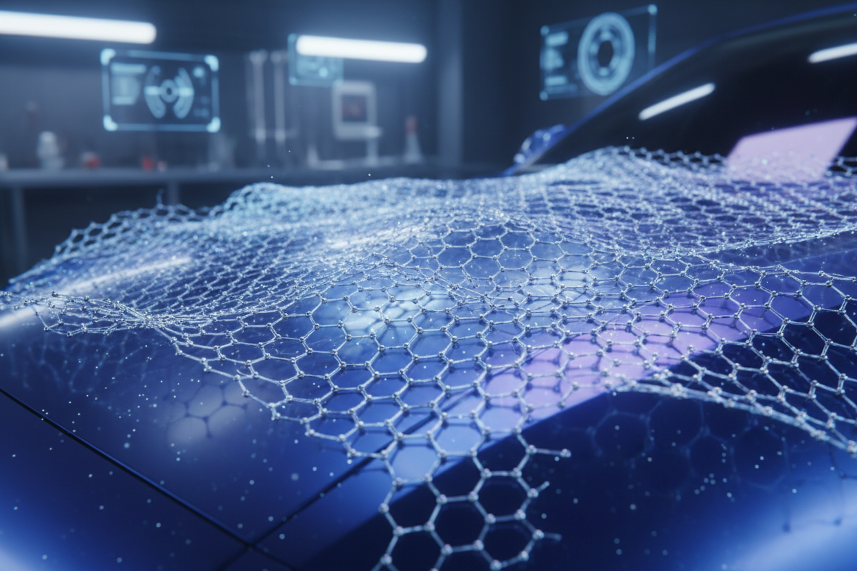 Graphene nano-layers in 3D model bonding to car paint surface with sci-fi glow