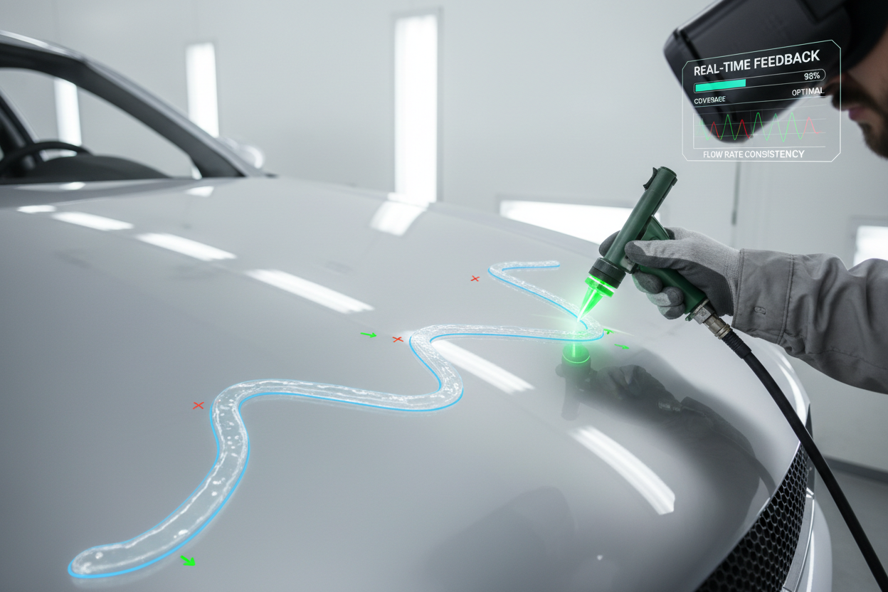 AR simulator overlay guiding sealant application on virtual car hood with real-time feedback